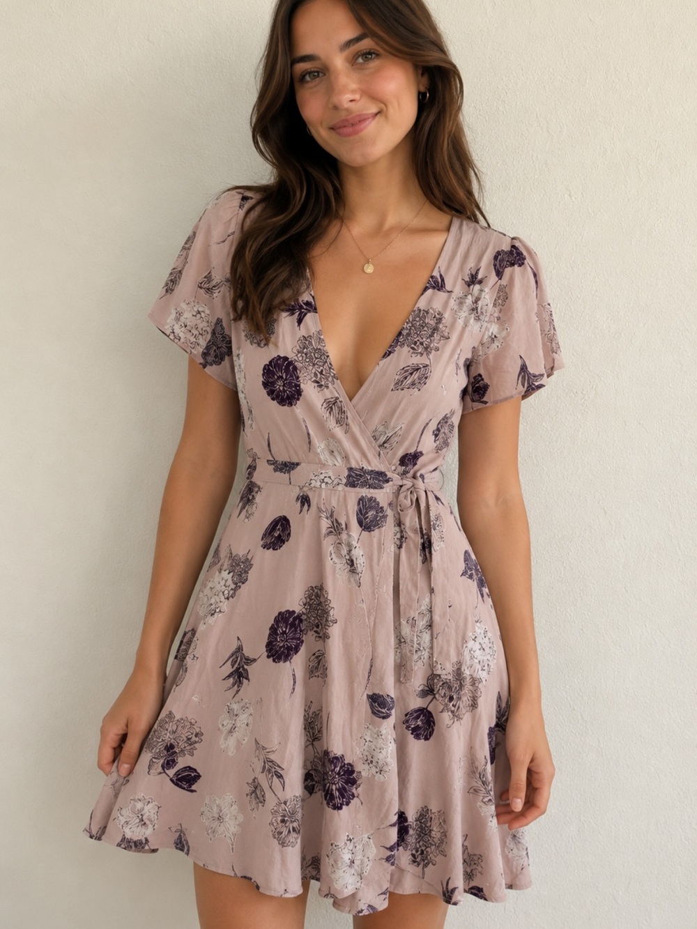 Astr mini Wrap Dress Short Sleeve Floral in Dusty Rose Size Small